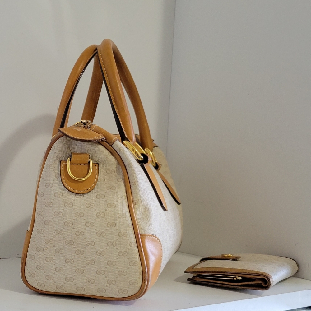 GUCCI Coated Canvas/Leather Matching BAG & Wallet SET🔥IVORY/Camel🤩VGUC/Vintage - Picture 4 of 16